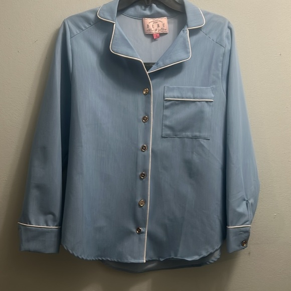 NWT DENIM CHAMBRAY NOTCH COLLAR CHEST POCKET LONG SLEEVE TOP - Picture 2 of 8